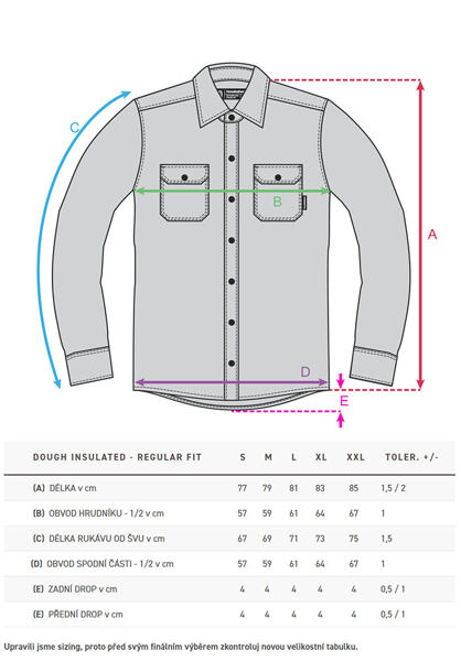 Velikostní tabulka zateplené košile Horsefeathers Dough