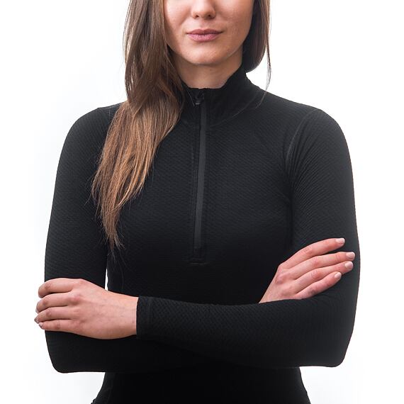 SENSOR MERINO DF WOMEN TEE LS WITH ZIP BLK